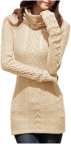 Vista 2 de v28 - Suéter de punto trenzado, cuello alto, tipo vestido, estilo bodycon, de ajuste entallado para mujer