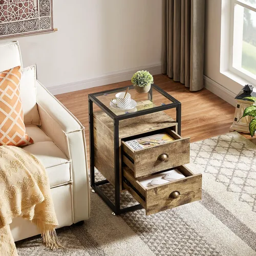 Vista 4 de VECELO Mesita de noche moderna con cajón, mesita de noche para sala de estar, dormitorio, vidrio templado, gris