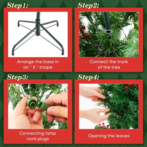 Vista 9 de NEWBULIG Árbol de Navidad preiluminado de 4.5 pies con bayas rojas Verde