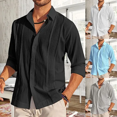 Vista 2 de Camisa de manga larga de lino y algodón para hombre, estilo casual, de verano, guayabera cubana, con botones, cuello de solapa sólida