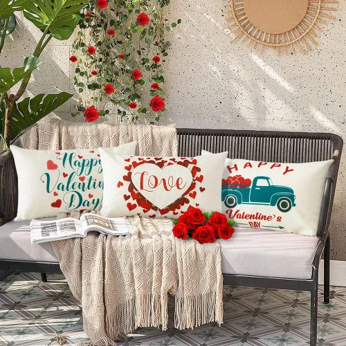 Vista 5 de Artscope Fundas de almohada impermeables para el día de San Valentín, juego de 4 fundas de cojín de lino y algodón para sofá en exteriores, 12 x 20