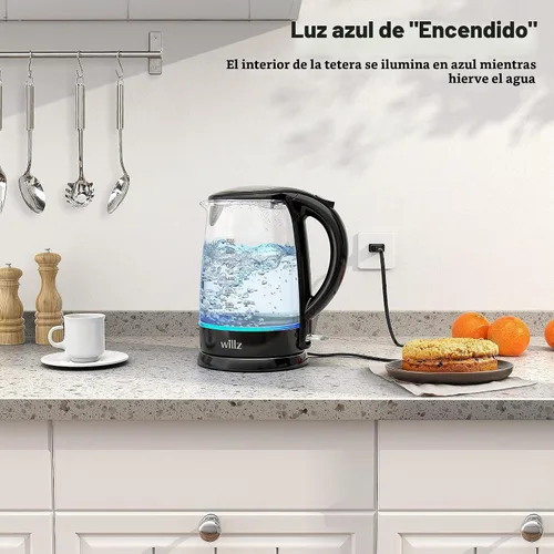 Vista 5 de Willz Hervidor eléctrico de vidrio con mango resistente al calor y vertido inalámbrico, tecnología de ebullición rápida y apagado automático, luz