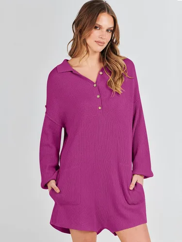 Vista 4 de ANRABESS Enterizo de suéter para mujer, trajes de otoño 2023, a la moda, largo, Henley, cuello en V, overol de punto para descansar