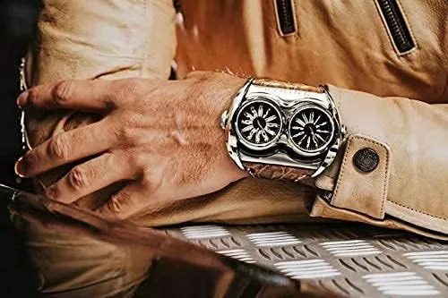 Vista 5 de Reloj de doble hora, reloj de carreras para hombre, reloj casual de cuarzo de muñeca, con caja de acero inoxidable, regalo para hombres de negocios