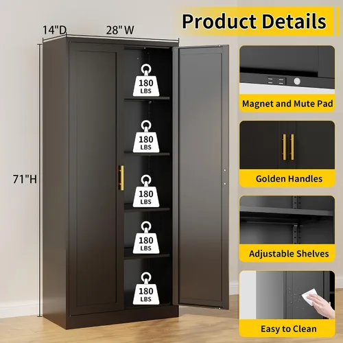 Vista 3 de Gabinete de metal para despensa de cocina, 71 pulgadas de alto x 28 pulgadas de ancho x 14 pulgadas de profundidad con 2 puertas y 4 estantes Negro