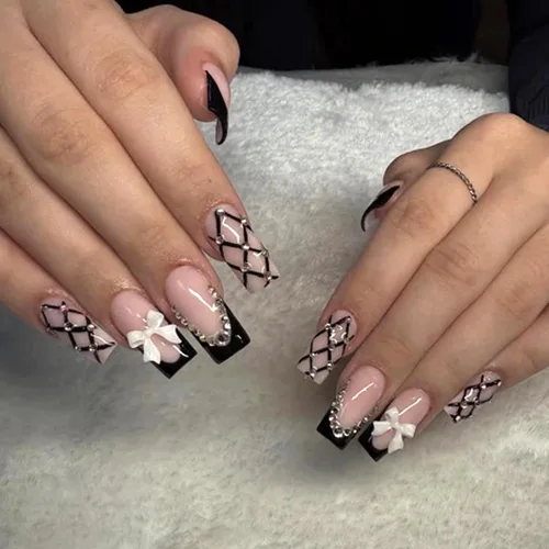 Vista 21 de MISUD - Uñas postizas largas cuadradas con pegamento de Rojo Gótico y Negro, diseño cruzado gótico Y2K acrílico, 24 piezas 020A00Rojo y Negro