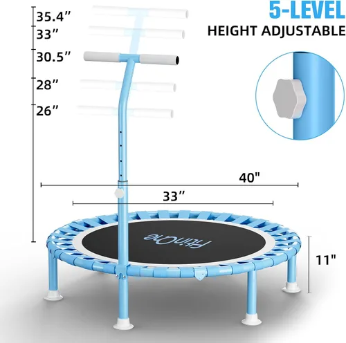 Vista 3 de 40" Fitness Mini Trampoline with Adjustable Handle Bar, 330lbs Foldable Bungee Rebounder for Adults, Stable & Quiet Exercise Rebounder Indoor Workout