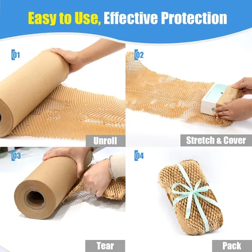 Vista 5 de Rollo de papel de embalaje de panal de abeja de 12 pulgadas x 295 pies con calcomanías frágiles, envoltura acolchada biodegradable para mudanza