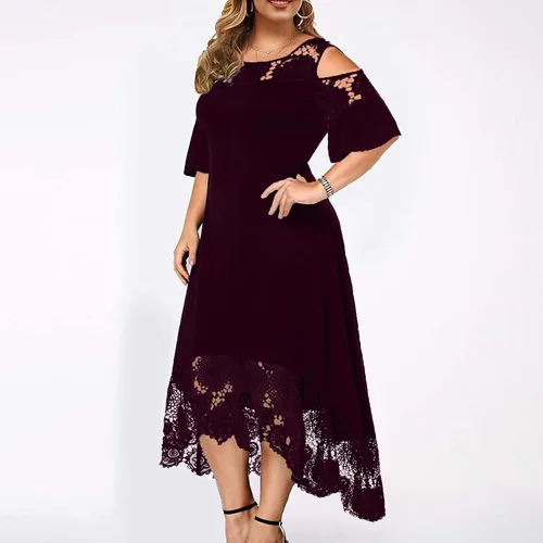 Vista 3 de Vestido largo de verano para mujer, con hombros descubiertos, con costuras de encaje, volantes, manga corta, talla grande, vestido largo