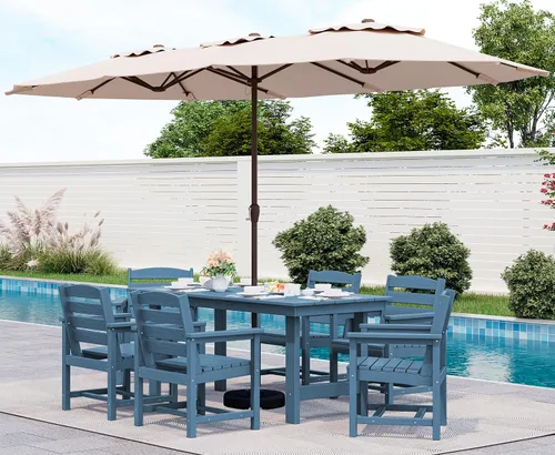 Vista 58 de SERWALL Juego de mesa de comedor de 7 piezas, muebles de comedor de polietileno de alta densidad para exteriores con agujero para paraguas y 6 Negro