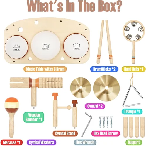 Vista 4 de Juego de Tambores para Niños - Juguetes Montessori para Niños de 2 Años, Niño o Niña, Regalos de Cumpleaños, 11 en 1 Instrumentos Musicales