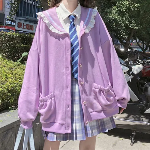 Vista 2 de BZB Kawaii Harajuku - Chaqueta de encaje japonesa para niñas, cuello marinero, con capucha, suéter dulce