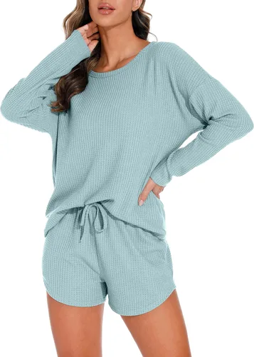 Vista 5 de PrinStory Conjunto de pijama para mujer, conjunto de 2 piezas de punto gofre, conjunto de ropa de descanso con bolsillos