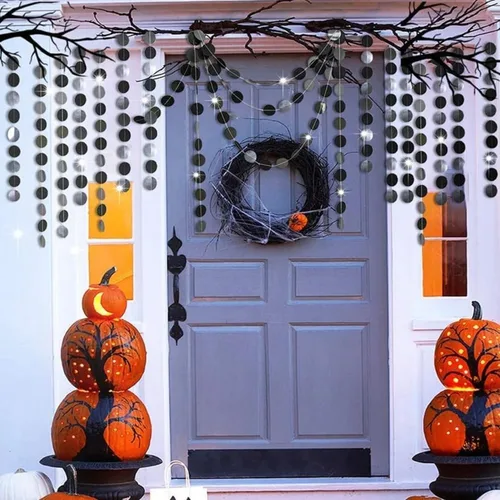 Vista 6 de JEYE Guirnalda de círculos negros para fiesta, decoración de lunares colgantes, banderines, telón de fondo para cumpleaños, graduación, decoración