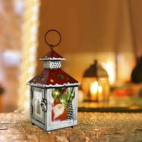 Vista 3 de Farol decorativo de Navidad para colgar, farol LED rústico, farol de mesa de metal rústico, funciona con pilas, linterna colgante para interiores