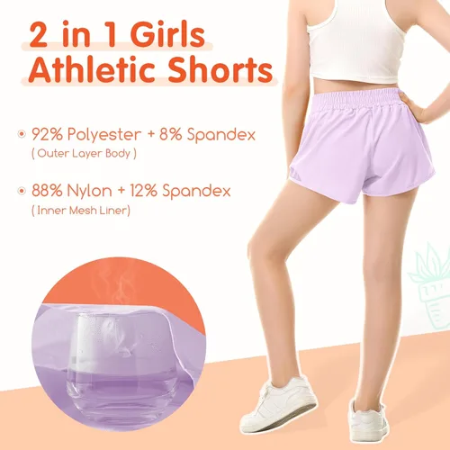 Vista 2 de Pantalones cortos deportivos para niñas, de secado rápido, con bolsillo con cremallera, para adolescentes y niños, pantalones cortos deportivos