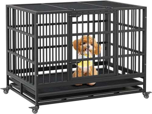 Vista 9 de Jaula para perros resistente de 37 pulgadas con ruedas, jaula indestructible de acero a prueba de escape, ruedas con bloqueo de 360° y bandeja