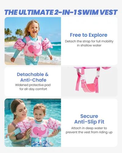 Vista 3 de Gogokids 2-in-1 Toddler Swim Vest Pool Floaties for Kids[CPC Certified & Remove Crotch Strap]Puddle Float Jumper 24-66 Pounds, Toddler Arm Floaties