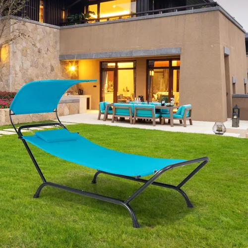Vista 8 de Tangkula Hamaca con soporte incluido, hamaca resistente para exteriores con toldo ajustable, soporte de metal a prueba de óxido, almohada, bolsillo
