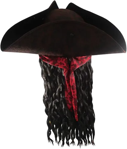Vista 3 de Nicky Bigs Novelties Sombrero de pirata de tricornio caribeño de bucanero para niños, diseño de rastas, color marrón, Marrón