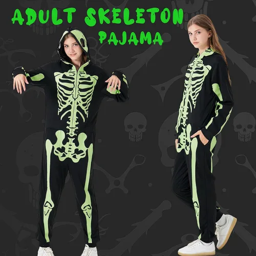Vista 8 de PARTISKY Adult Onesie Skeleton Costume Women & Men, Glow in the Dark Halloween Skeleton Jumpsuit with Zipper Hooded
