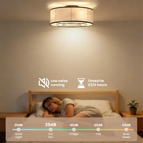 Vista 5 de Ventilador de techo bohemio de 20 pulgadas con luz, ventilador de techo enjaulado de perfil bajo, lámpara de tambor negro sin aspas con control