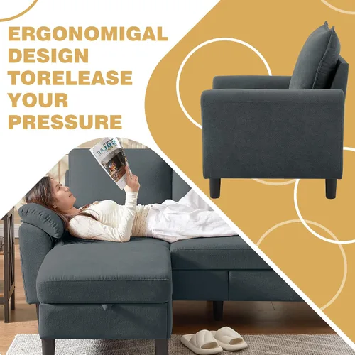 Vista 5 de Juego de 2 sofás para sala de estar, sofás convertibles en forma de L de 3 asientos con otomana y silla decorativa, sofá moderno de lino para Gris