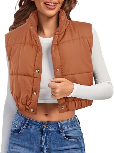 Vista 2 de Ybenlow Chaleco acolchado recortado para mujer, cuello alto, con botones, ligero, acolchado, sin mangas, chaqueta de invierno