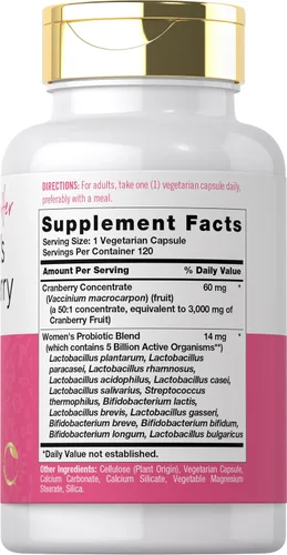 Vista 2 de Carlyle Probióticos Cranberry Plus para mujer 120 cápsulas con 14 cepas probióticas Vegetariano, sin OMG, suplemento sin gluten para ella