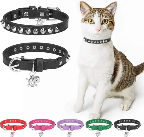 Vista 14 de Collares de cuero DILLYBUD para gatos macho y hembra con campana y cinturón elástico de seguridad, collar ajustable con hebilla de seguridad