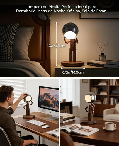 Vista 6 de Lámpara de mesa inalámbrica, lámpara de mesa de madera recargable con control táctil y brillo ajustable, lámpara de noche decorativa inalámbrica