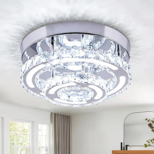 Vista 11 de Lámpara de techo LED moderna de 15.7 pulgadas, lámpara de araña de cristal de montaje empotrado, lámpara moderna con forma de luna redonda para sala