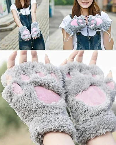Vista 6 de Loritta 2 Pairs Womens Cat Paw Gloves Winter Plush Faux Fur Cute Kitten Fingerless Mitten