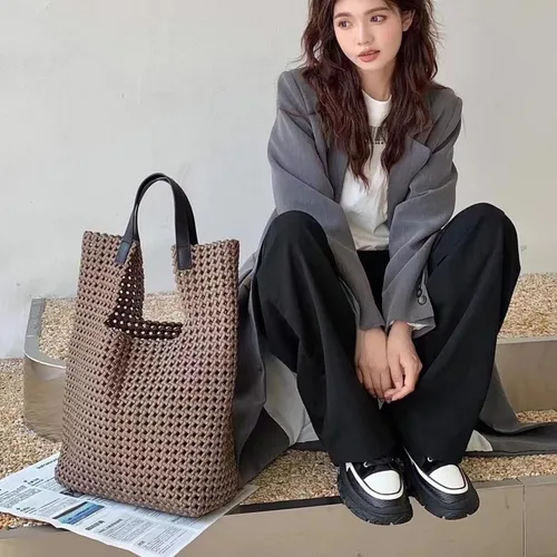 Vista 6 de JINMANXUE Bolso de mano tejido de satén de cuero para mujer, bolso hueco hacia fuera, 2 piezas, bolso de hombro femenino, bolso de comprador, bolso