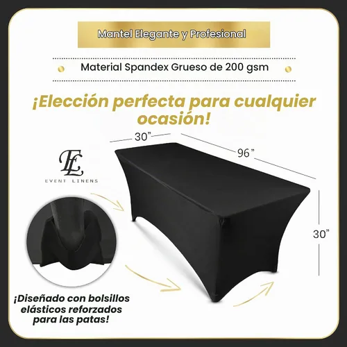 Vista 2 de Mantel rectangular de lino de elastano de 8 pies, funda ajustable para mesa plegable de 8 pies, ropa de cama de boda, paños de banquete, fundas Negro