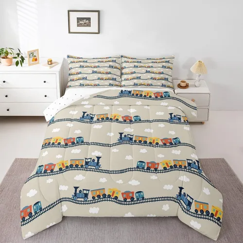 Vista 9 de Erosebridal Juego de edredón de tren de locomotora para niños, tamaño individual, lindo juego de ropa de cama con motor de vapor para niños y niñas