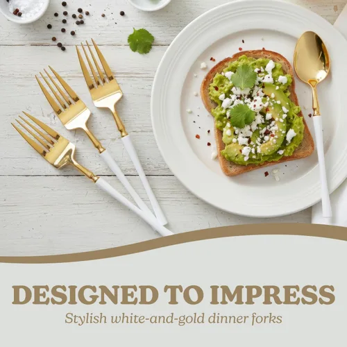 Vista 2 de Blue Sky Infinity Flatware - Tenedores de cena dorados y blancos, 20 unidades, cubiertos de plástico desechables elegantes para eventos y fiestas