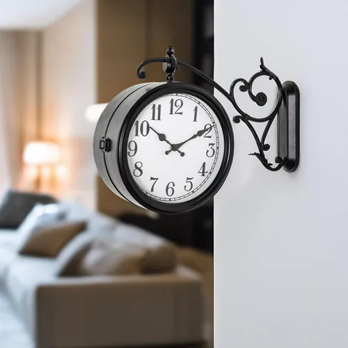 Vista 8 de Reloj de pared de doble cara, reloj de pared vintage de metal europeo, relojes de pared grandes de esquina antiguos para jardín, interior, exterior