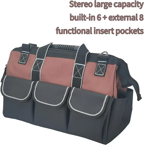 Vista 3 de Garden Tools Bag 16 Inch Wide Mouth Tool Bag with Molded Base and Plastic-Padded Inside Pockets for Tool Storage, 600D Polyester Fabric, Brown