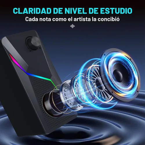 Vista 3 de Altavoces de computadora para PC de escritorio, alimentados por USB con conexión AUX, 6 modos de iluminación RGB, control de perilla de volumen