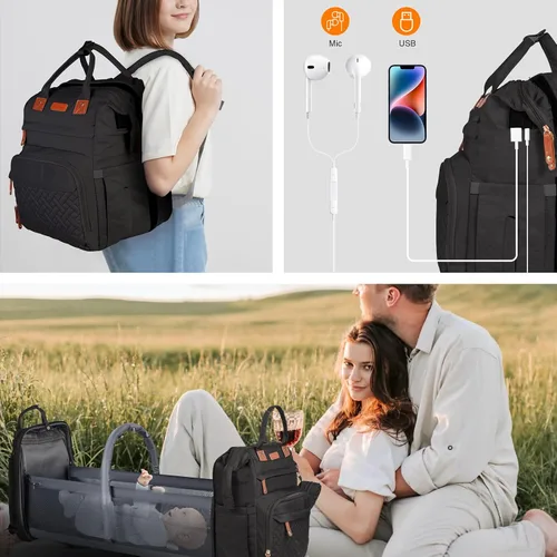 Vista 6 de Mochila para pañales, con mochila para cambiador, tela Oxford 900D, mochila para pañales de gran capacidad, mochila multifuncional 3 en 1 para Negro