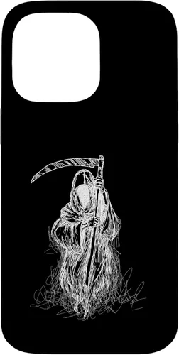 Vista 21 de iPhone 16 Halloween Grim Reaper Ghost with Scythe, Hand Sketch Case