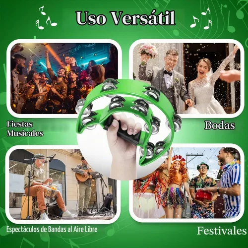 Vista 7 de Flexzion Pandereta Half Moon para adultos con jingles de doble fila, color Verde