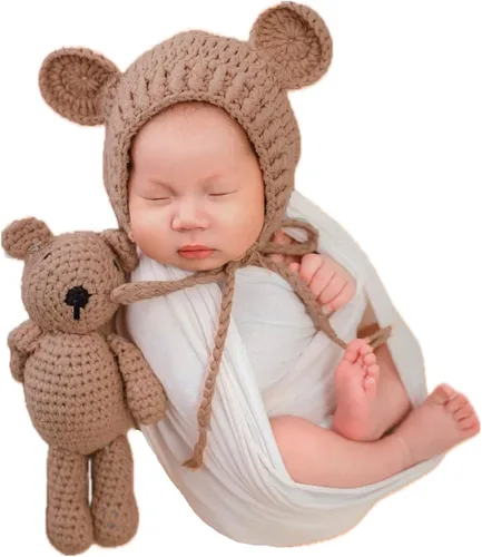 Vista 7 de Accesorios de fotografía para recién nacidos, sombrero de oso, sesiones de fotos de bebé, trajes de fotos para posar fotos de ganchillo, oso muñeca