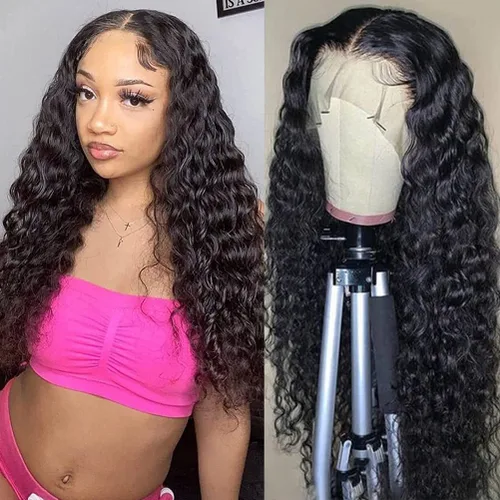 Vista 9 de Pelucas de cabello humano rizado con encaje frontal de densidad 250, pelucas de encaje frontal mojadas y onduladas, pelucas frontales prearrancadas