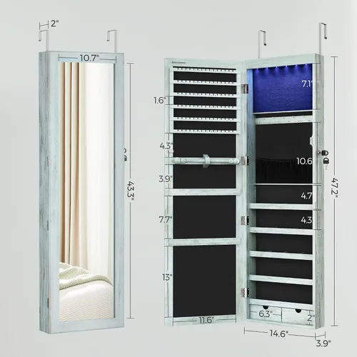 Vista 6 de SONGMICS - Gabinete organizador de joyas con 6 luces LED, para montar en la pared o en la puerta, de 47.3pulgadas de alto, con espejo y 2 cajones