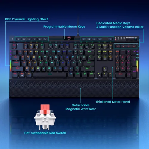 Vista 7 de RisoPhy PRO RGB - Teclado mecánico para juegos, iluminación RGB por tecla, teclas macro y controles dedicados de medios, reposamuñecas desmontable