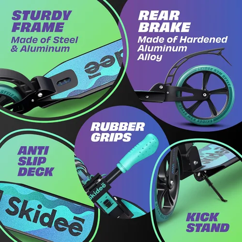 Vista 6 de SKIDEE Patinete para Adultos y Adolescentes, Altura Ajustable, Plegable, Ruedas Grandes, Ligero, Duradero, Suspensión Anti-Golpes, Hasta 220 Libras