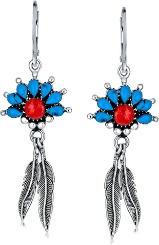 Vista 2 de Aretes colgantes de plata de ley 925 con forma de flor de calabaza de estilo nativo americano del suroeste para mujeres y adolescentes, Coral Metal