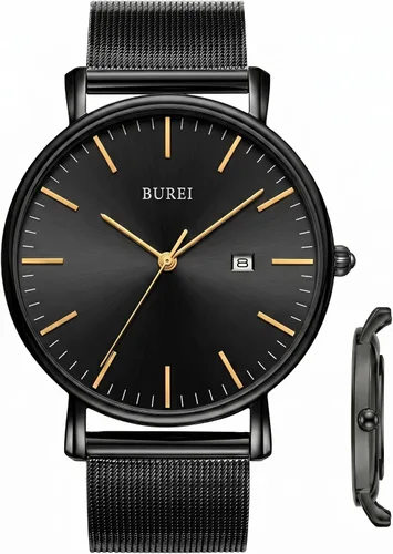 Vista 19 de BUREI Relojes de pulsera para hombre, relojes minimalistas de moda, analógicos de cuarzo, impermeables para hombres Banda negra negra